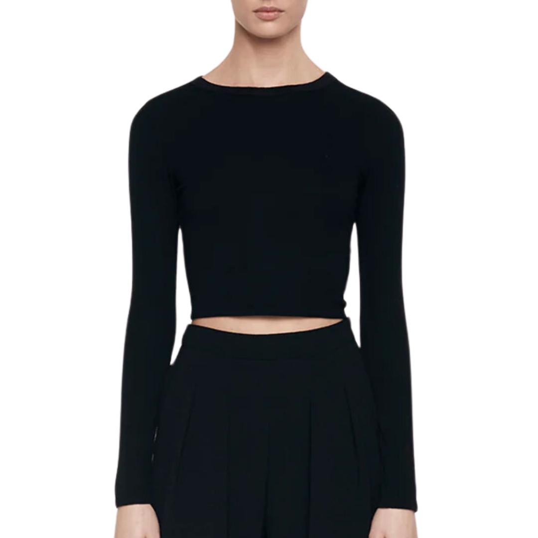 Silk Rib L/S Tuck Top in Black