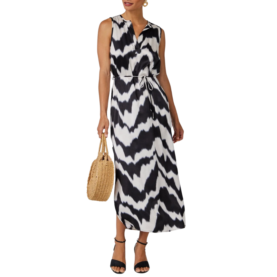 Sleeveless Belted Maxi Dress in Abstract Ikat Print