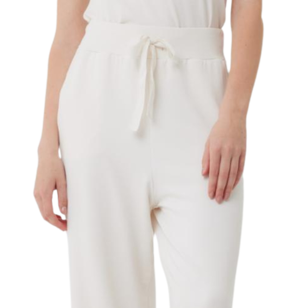 French Terry Drawstring Wide Leg Pant in Ecru