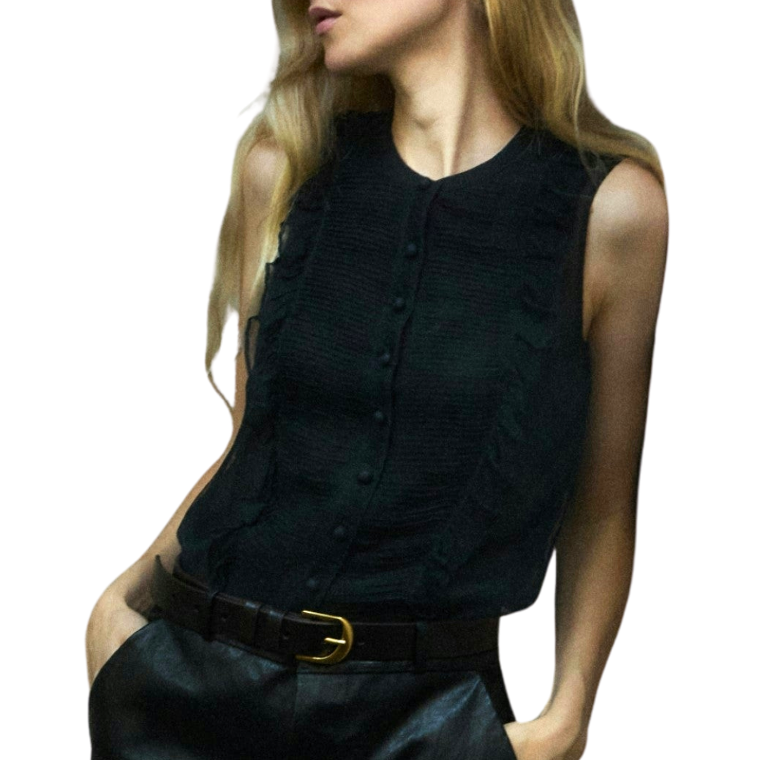 Sleeveless Ruffle Trim Blouse in Black
