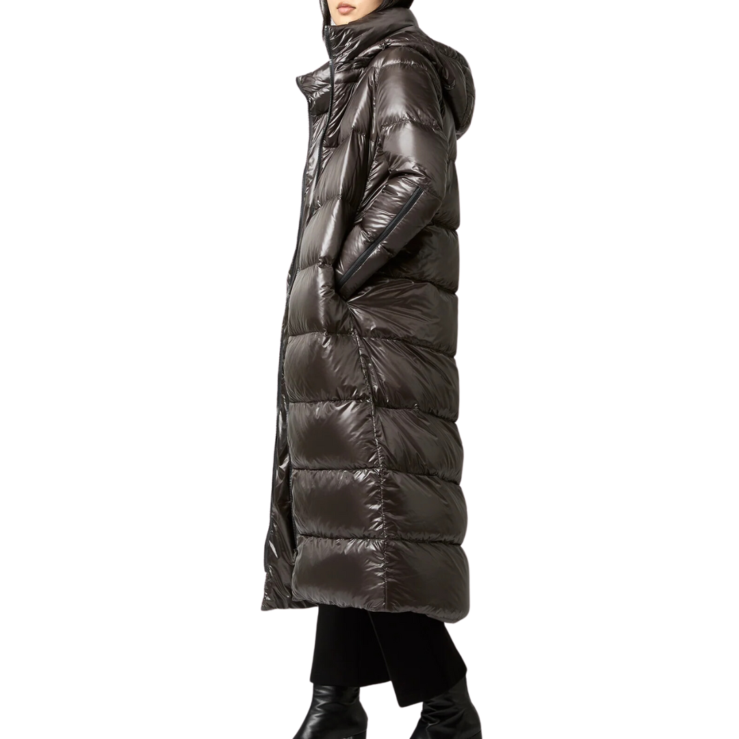 Shiny Nylon Long Coat in Charcoal