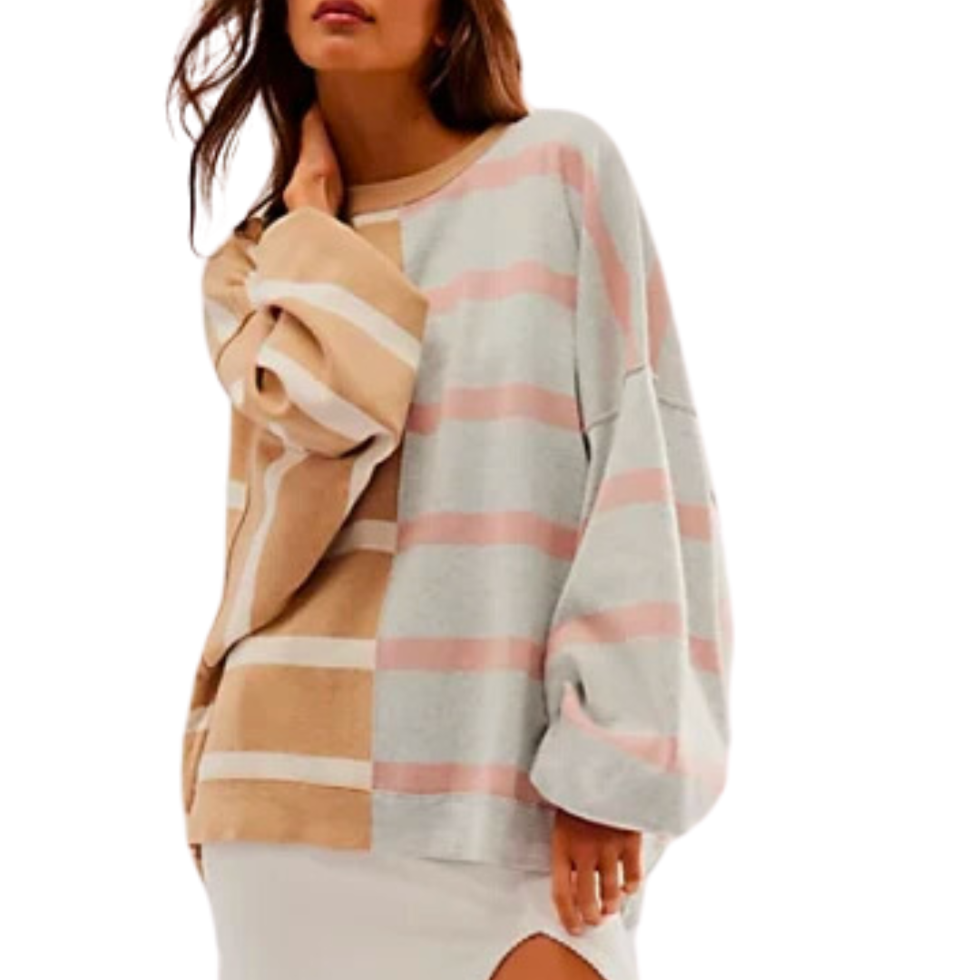 Uptown Stripe Pullover in Camel Grey Combo