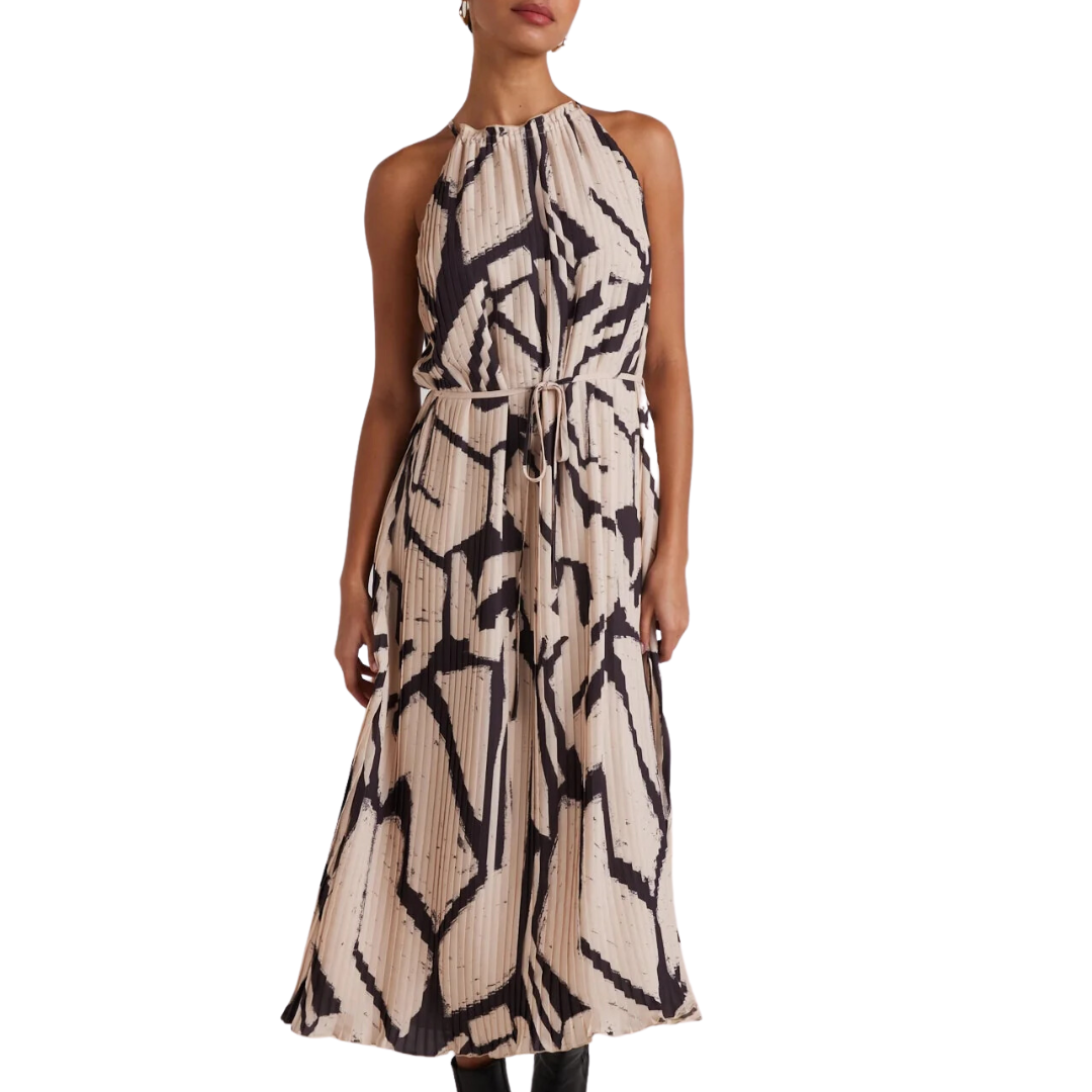 Knife Pleat Halter Maxi Dress in Ivory Mosaic Print
