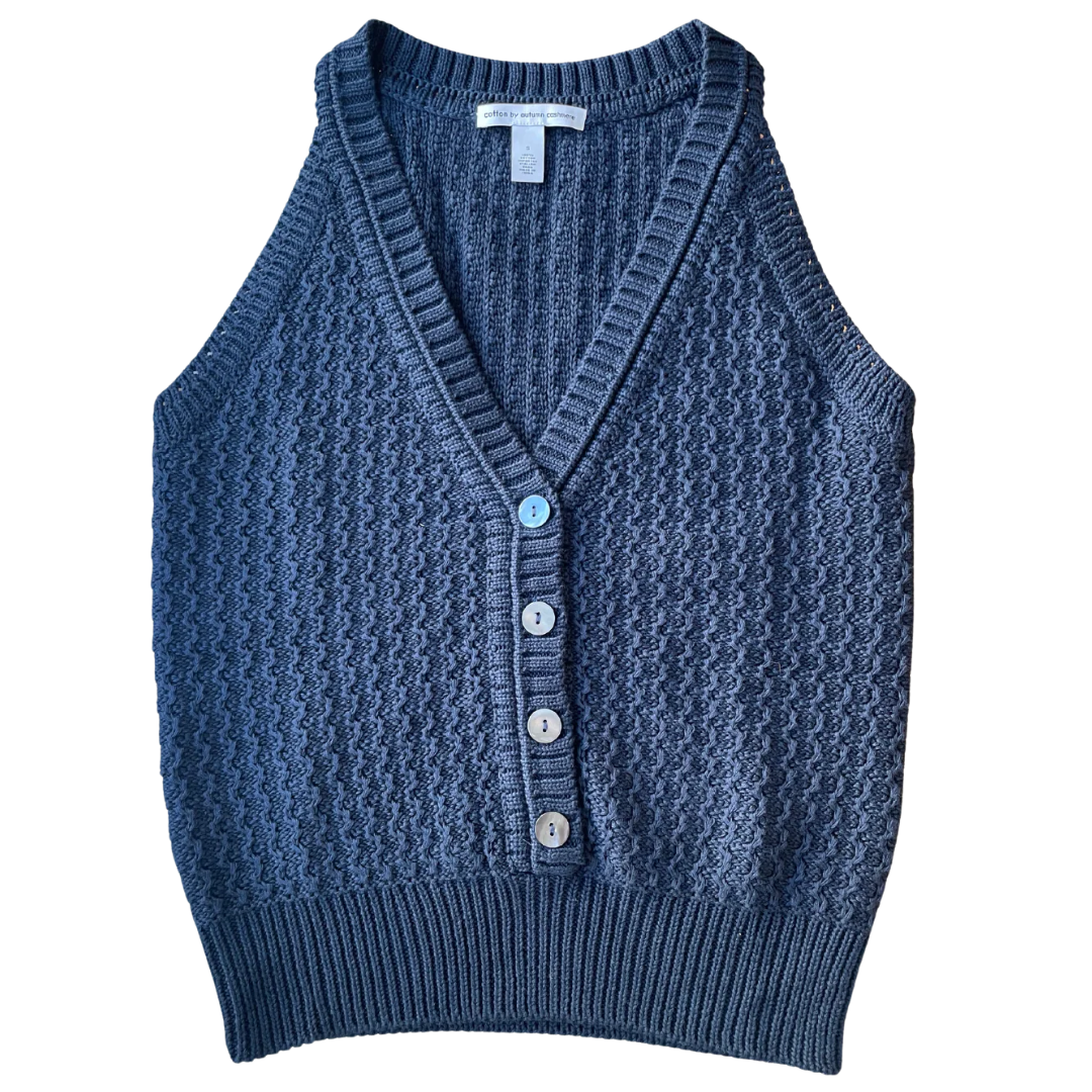 Rack Stitch Button Front Halter in Navy Blue