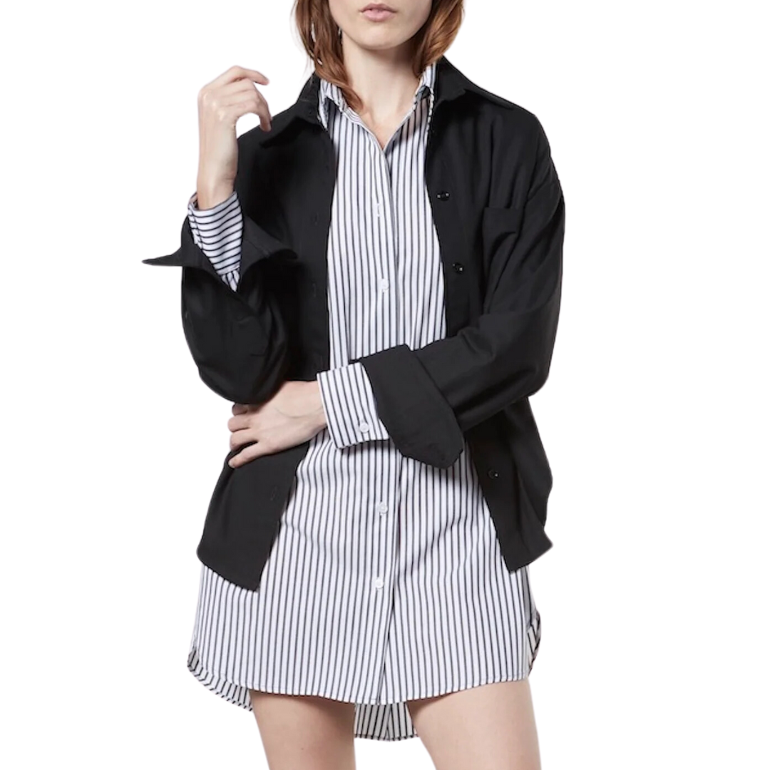 Cotton Mini Shirtdress in Charcoal White Stripe