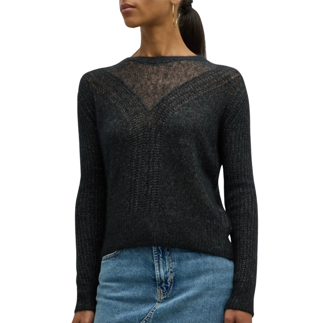 Shaker Cable Crew w/ Sheer Yoke in Black