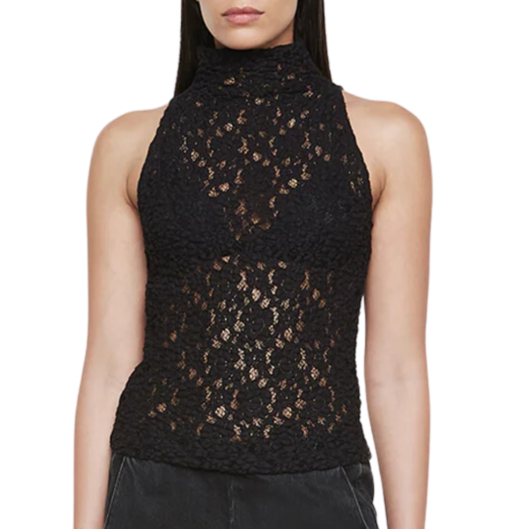 Puckered Lace Sleevelesss Mockneck in Black
