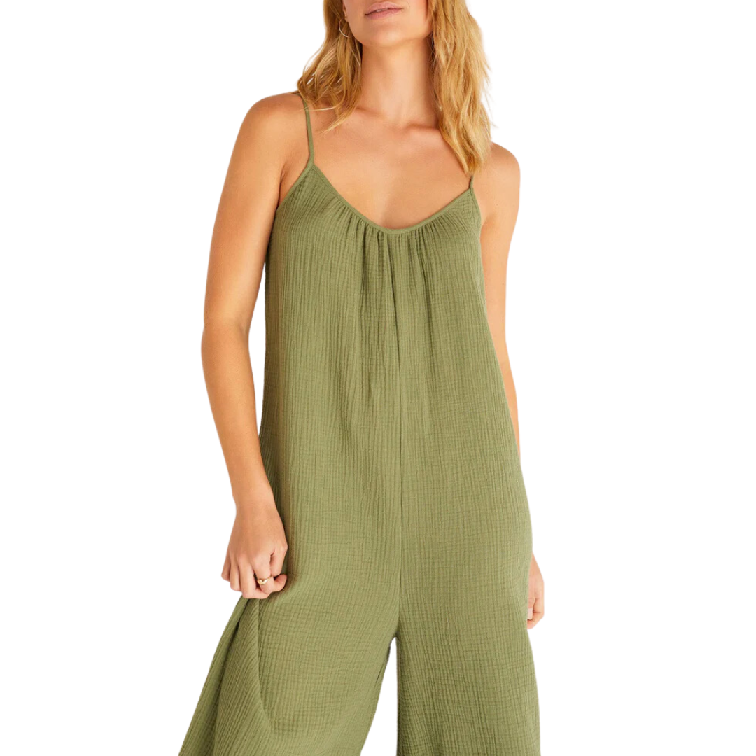 Flared Gauze Jumpsuit in Olive Branch