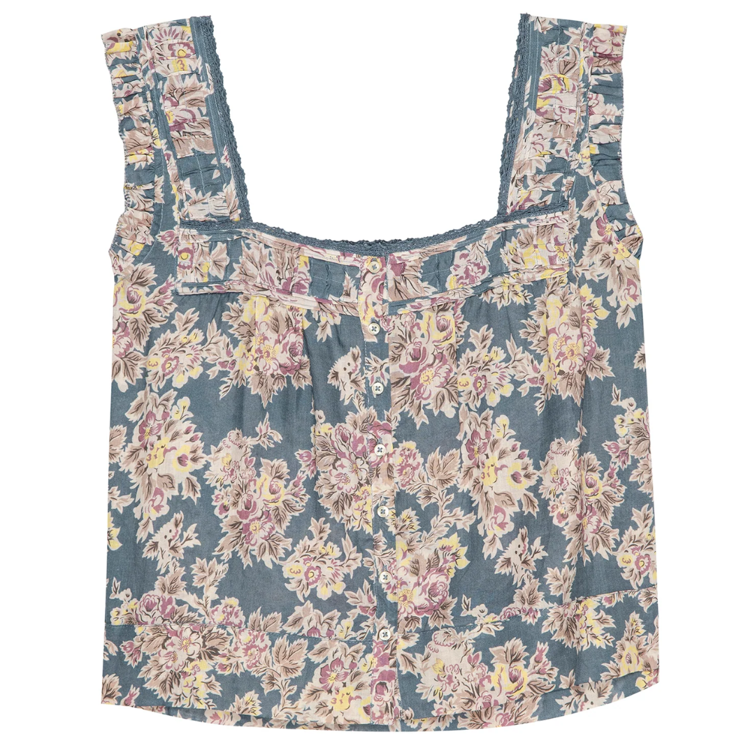The Victorian Pleat Tank in Indigo Floral