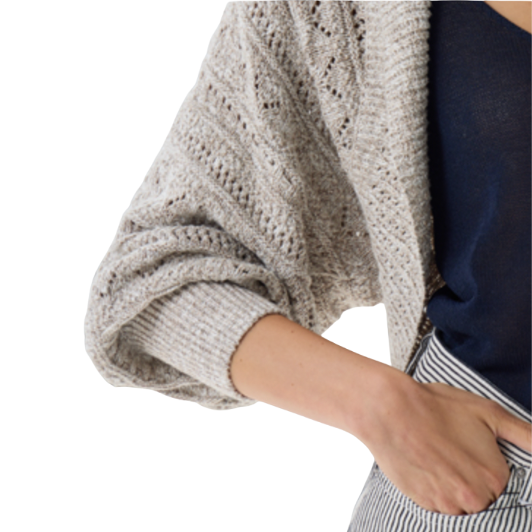 Tweedy Pointelle Cocoon Shrug in Driftwood