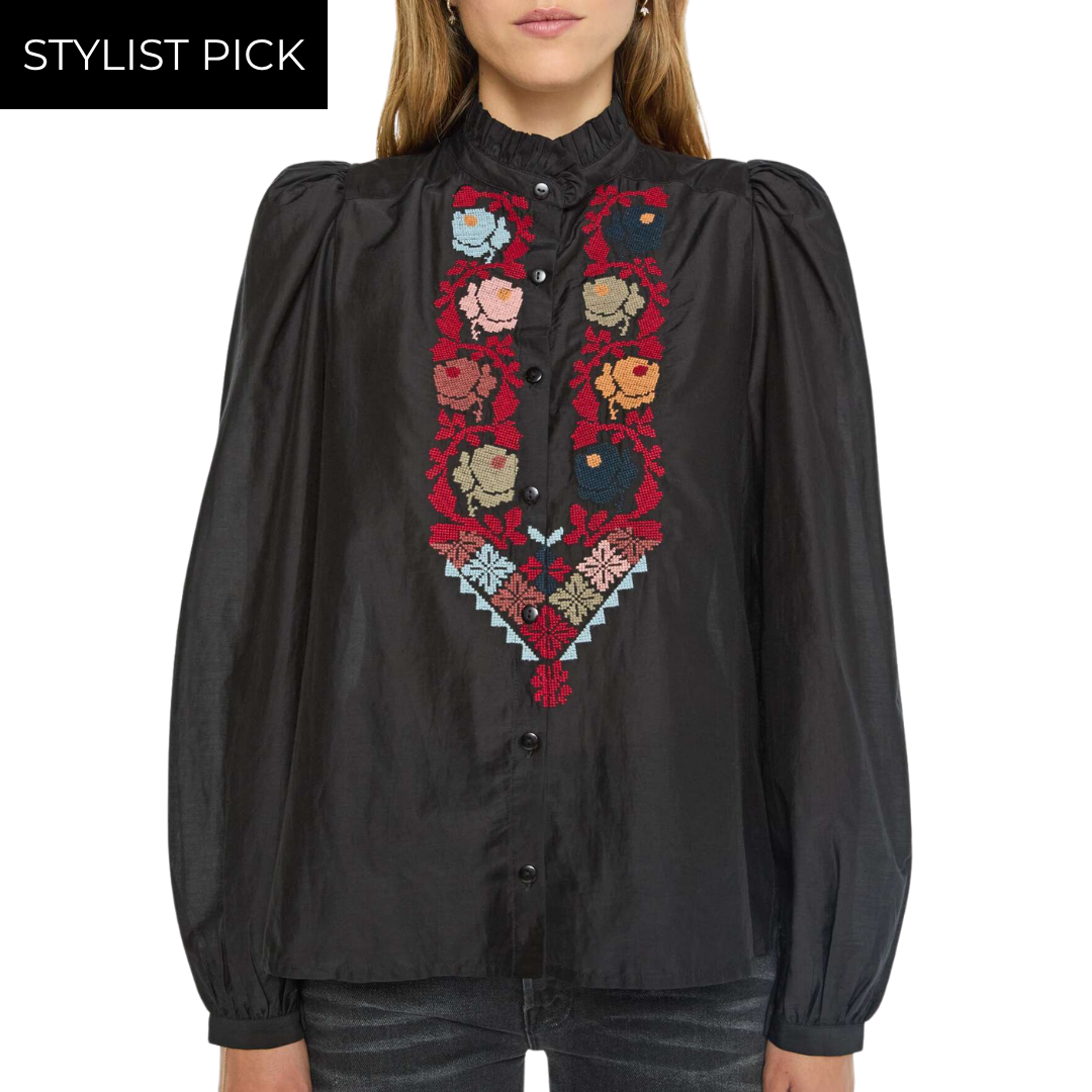 Annabel Emblem Panel Shirt in Black