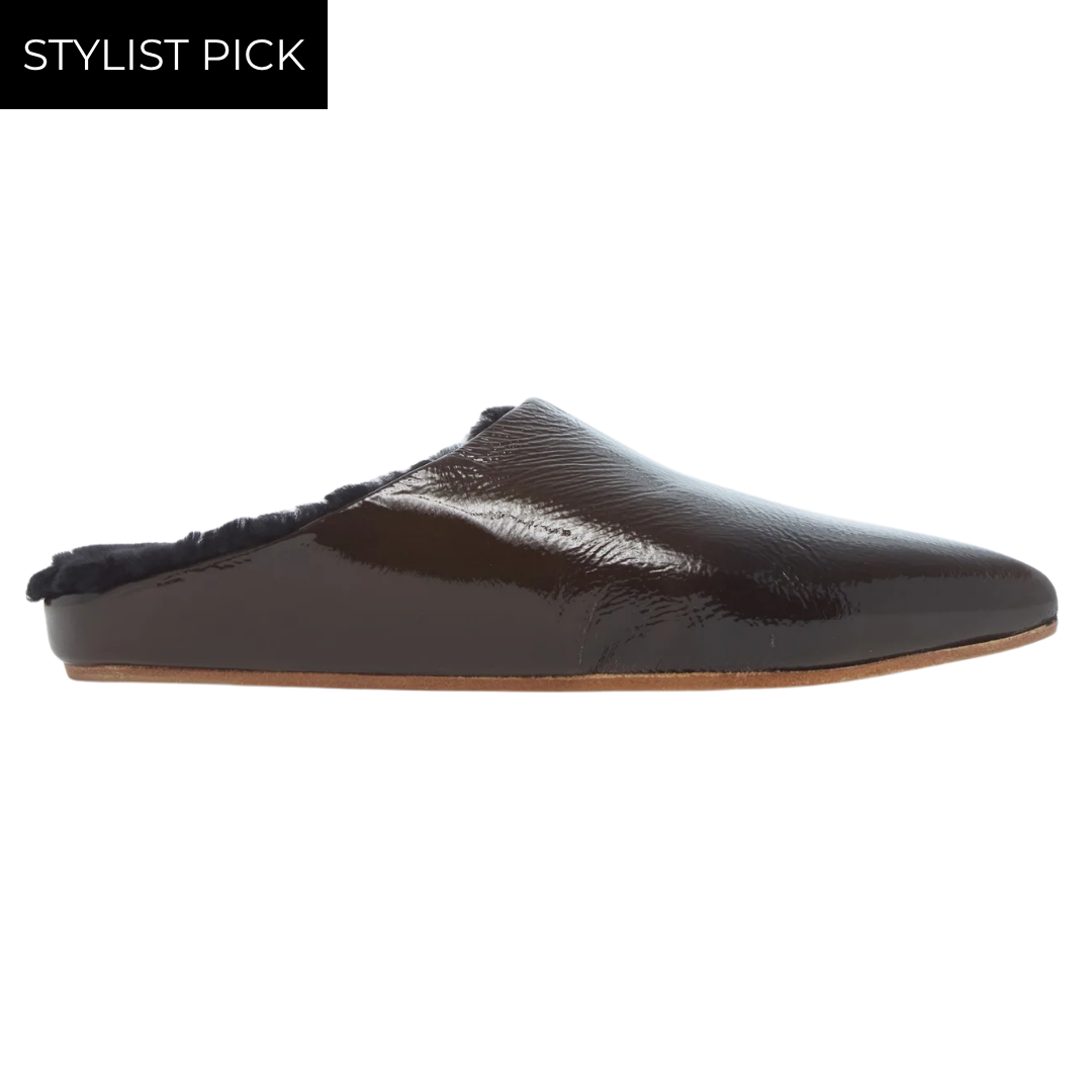 Dia Shearling Slide in Moule Crinkled Patent