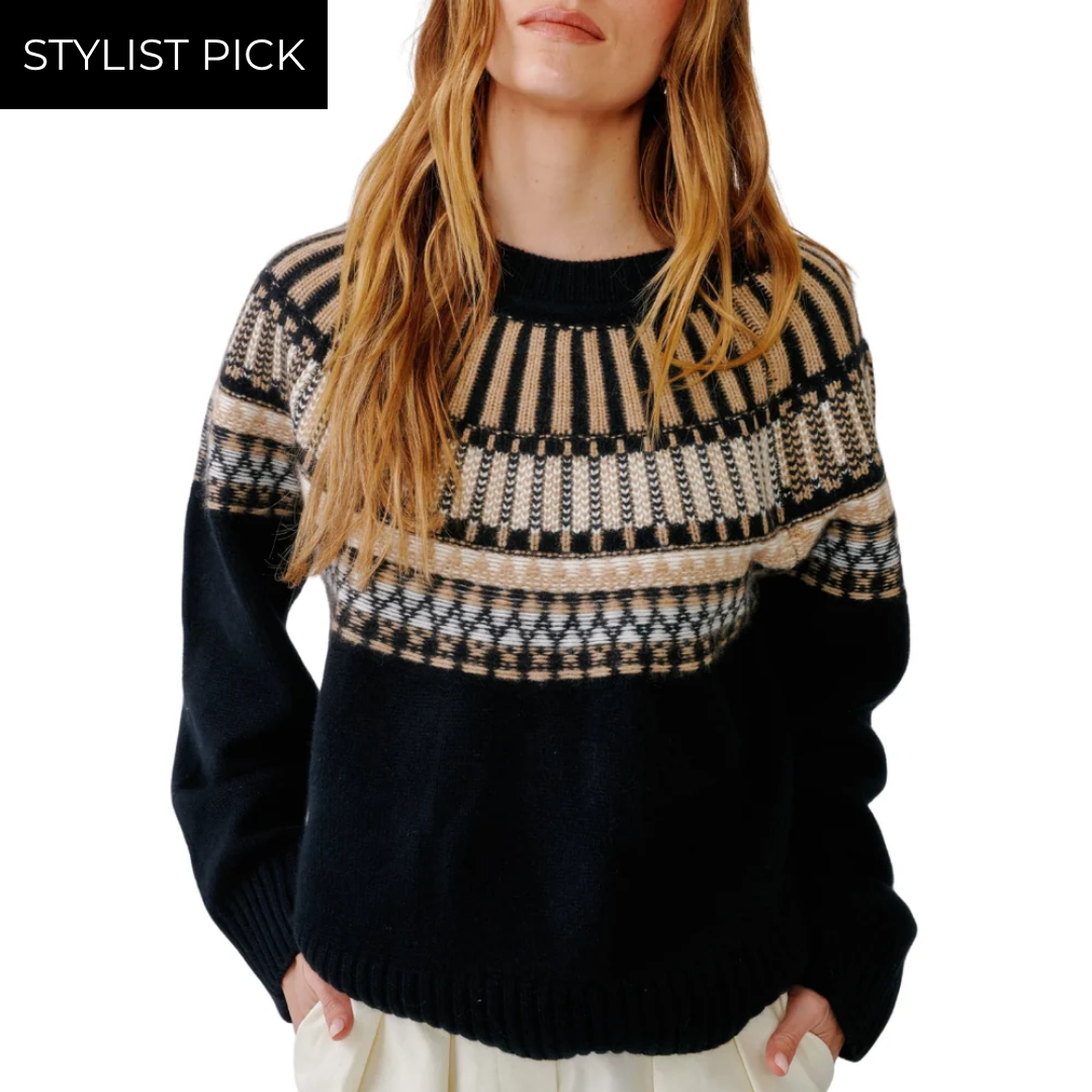 Finley Slouchy Fairisle Crewneck in Black Fairisle