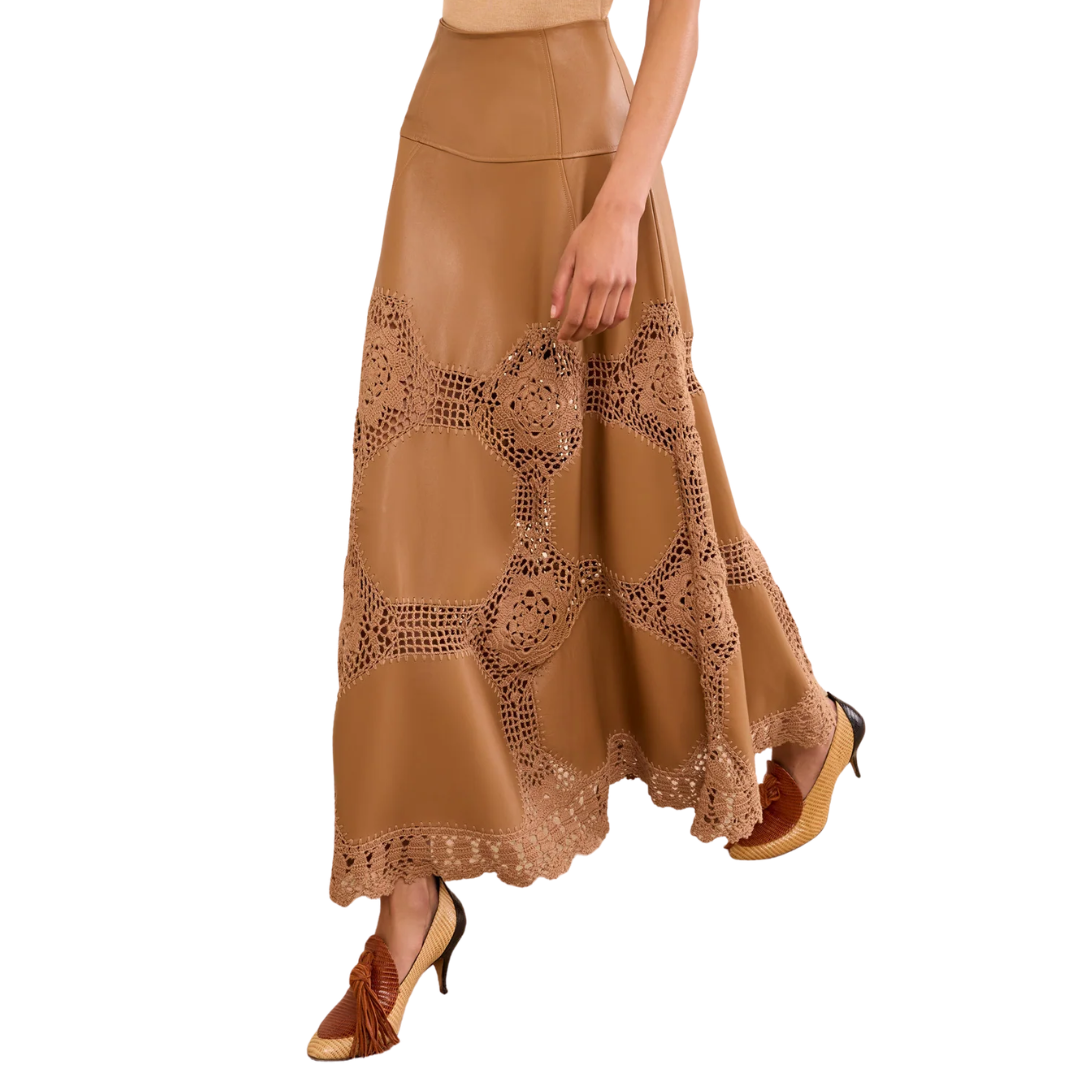 Izra Crochet & Leather Skirt in Camel