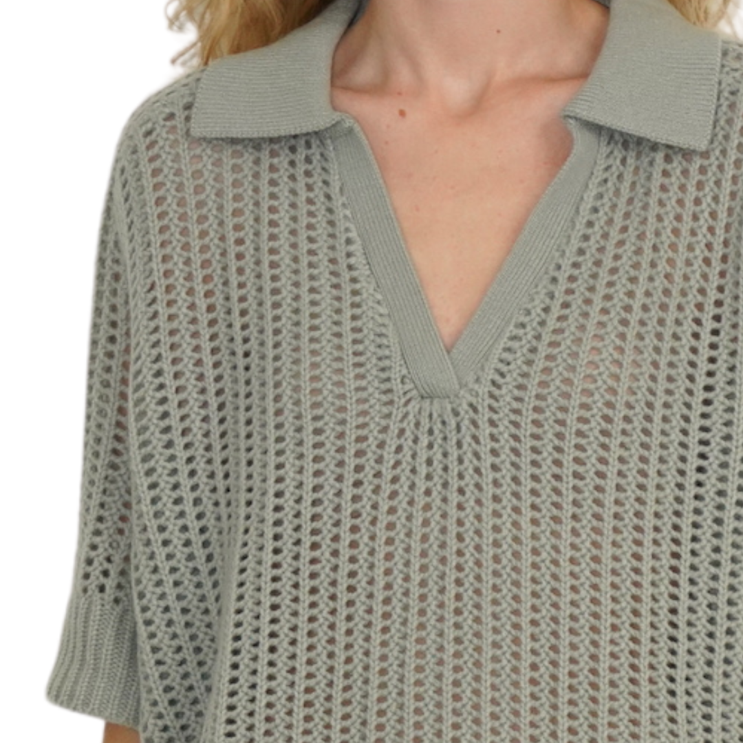 Shalom Relaxed Split Neck Cashmere Polo in Eucalyptus