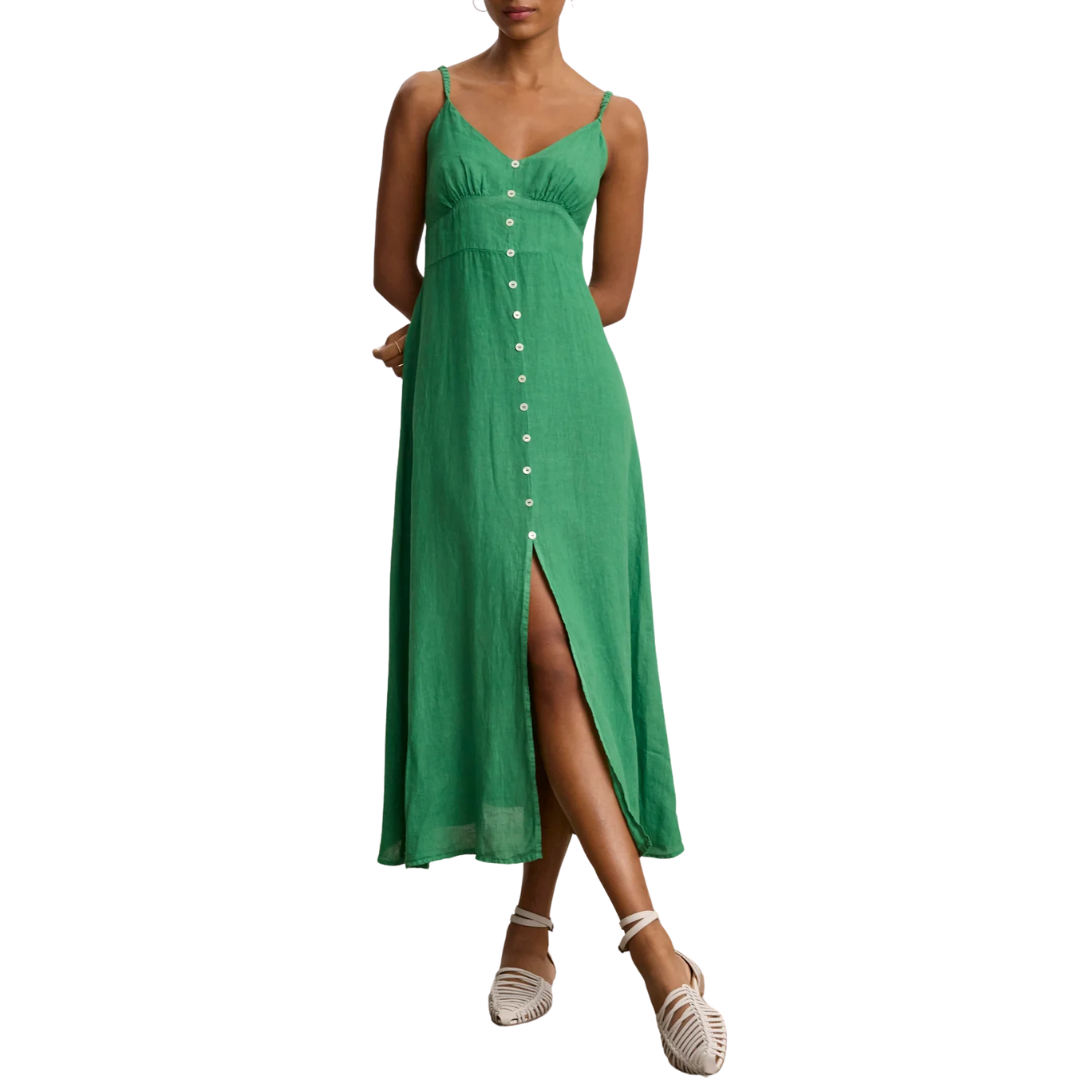 green emerald velvet dress Green Linen Belted Midi Dress – JO+CO main image 1