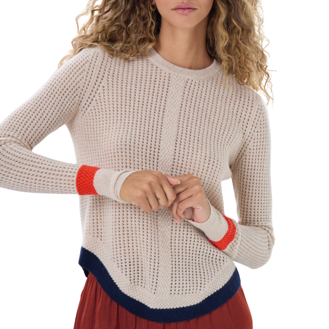 Mesh Shirttail Crew W/ Braid Cable Detail in Basket Combo