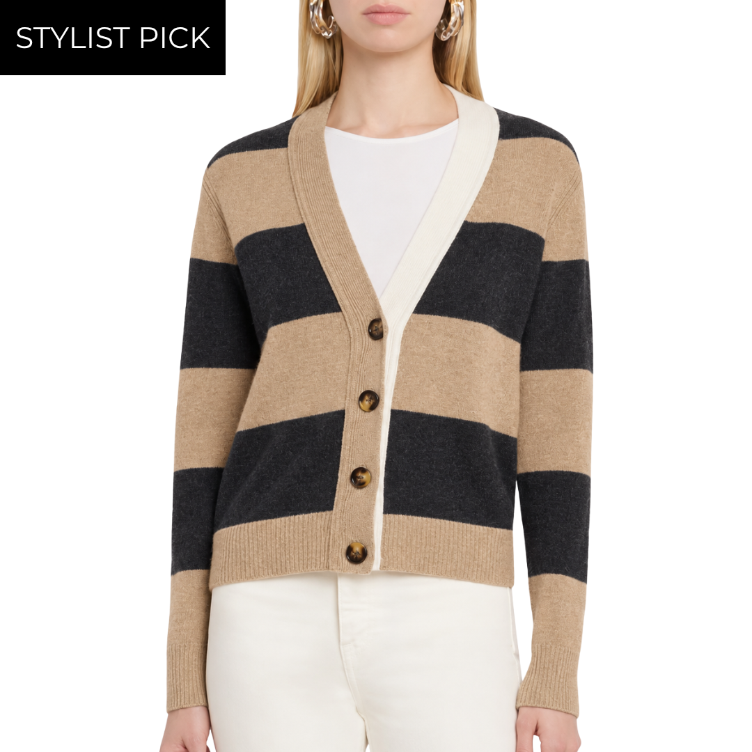 4-Ply Rugby Cardigan in Pepper/Cork/Chalk Combo