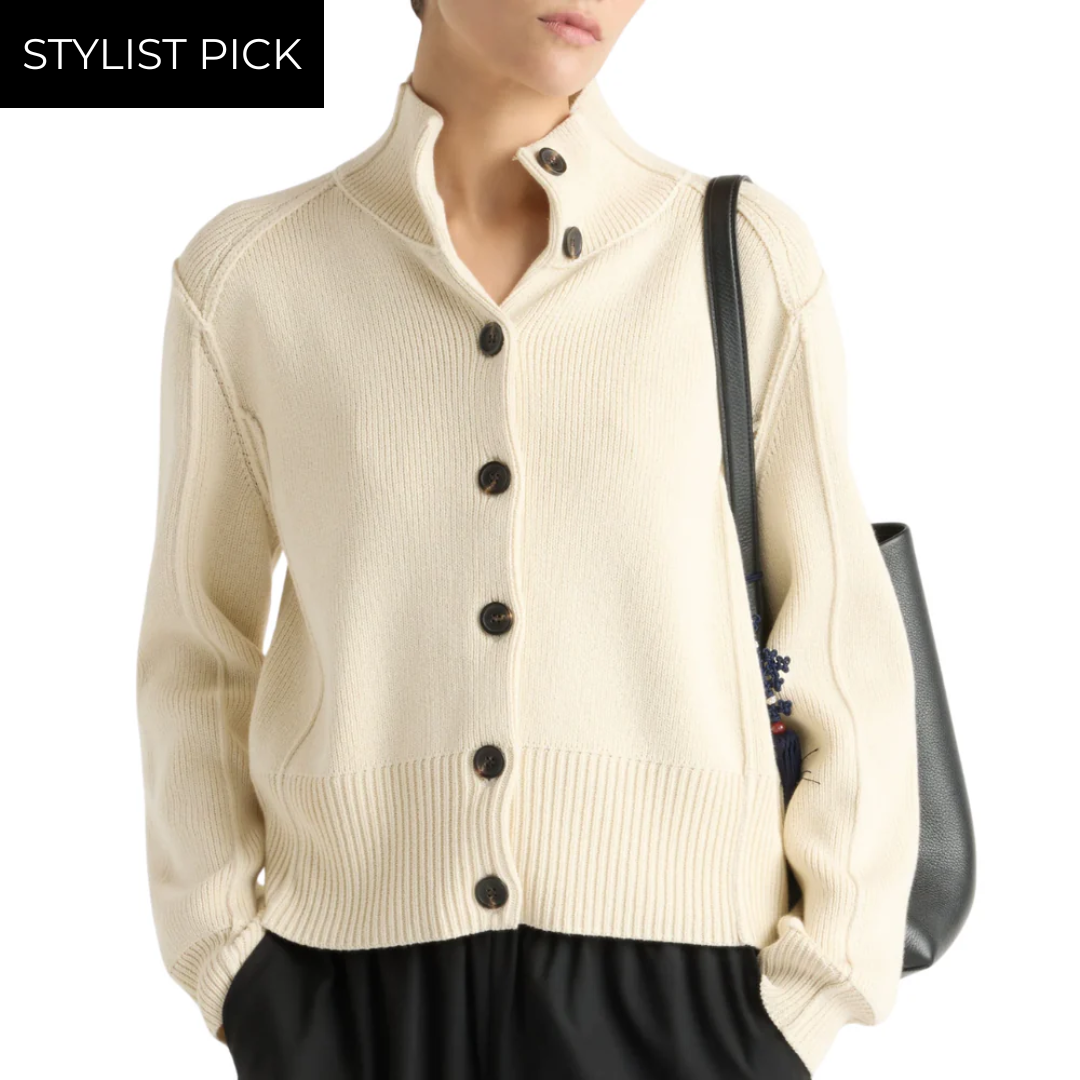 Clove Button Mock-Neck Knit Cardigan in Cream