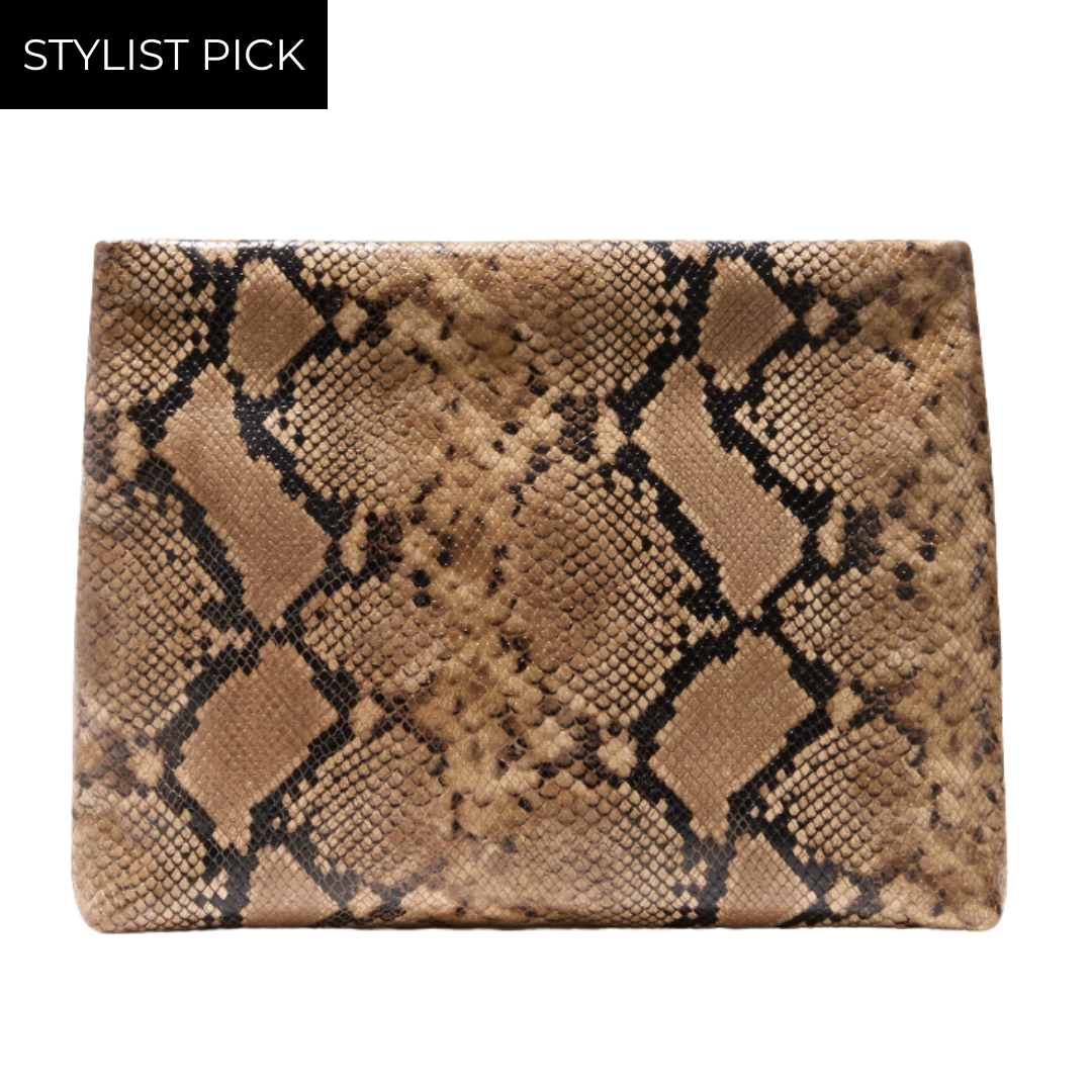 Jerry Clutch in Taupe Snakeskin