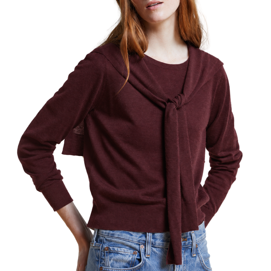 Long Sleeve Crew W/ Faux Tie Sleeves in Oxblood