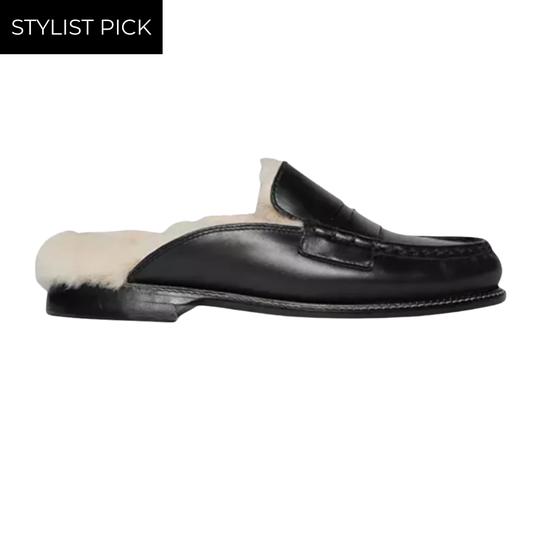 Temi Shearling Penny Loafer Mule in Black