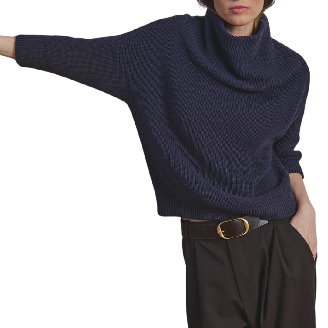 Half Cardigan Stitch Funnel Neck in Navy