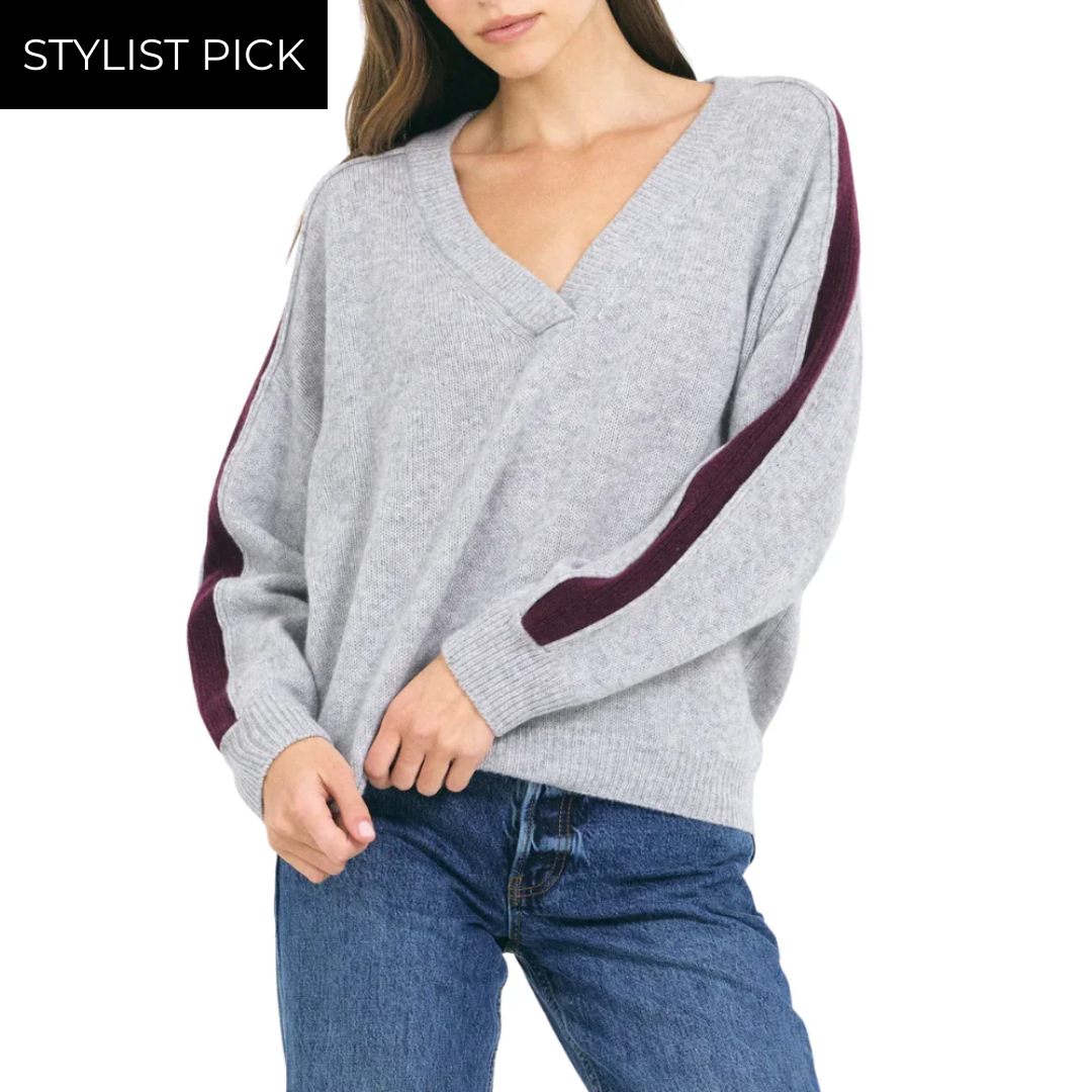Connie Cashmere VNeck in Heather Grey Combo