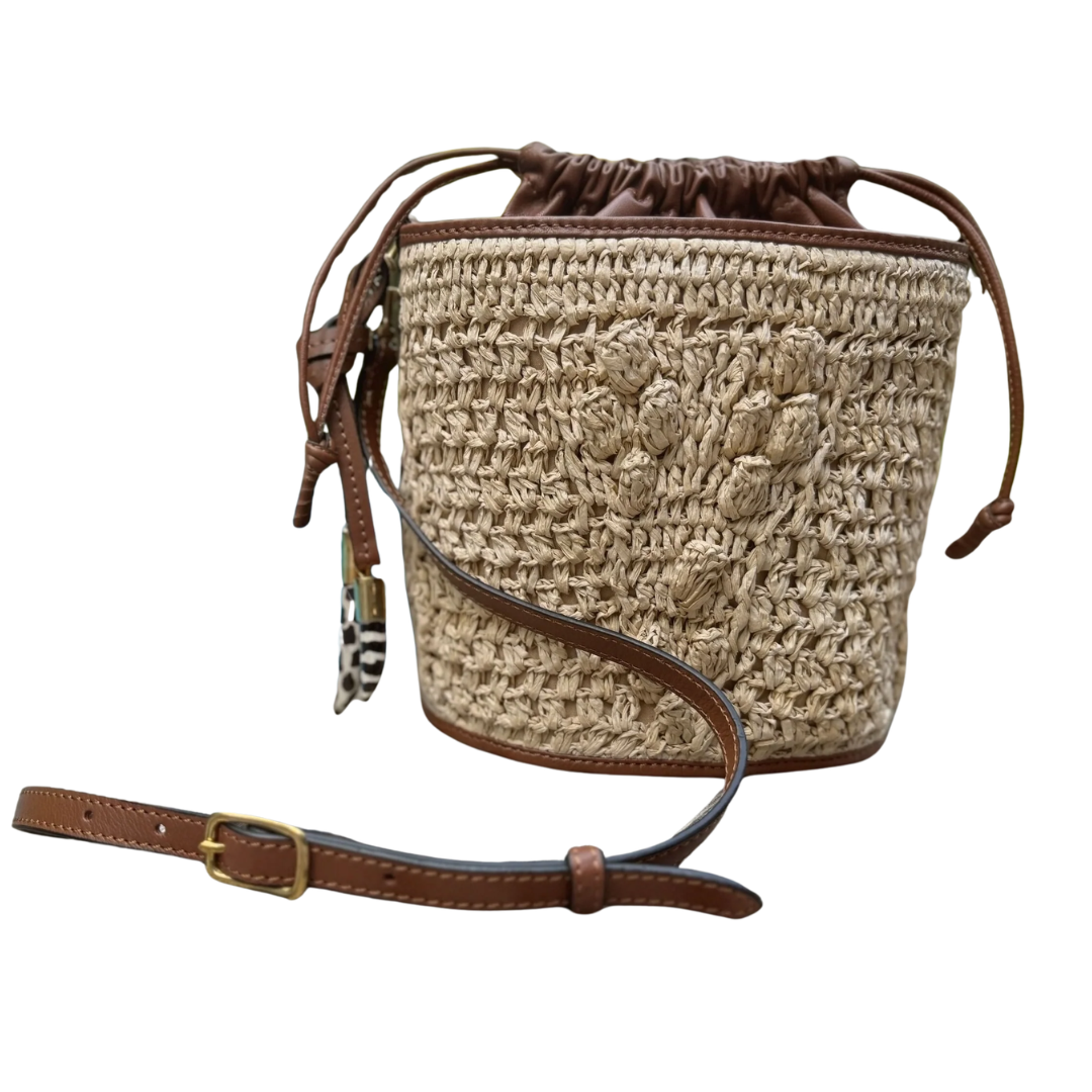 Drawcord Bucket Bag Aran Raffia in Natural Brown