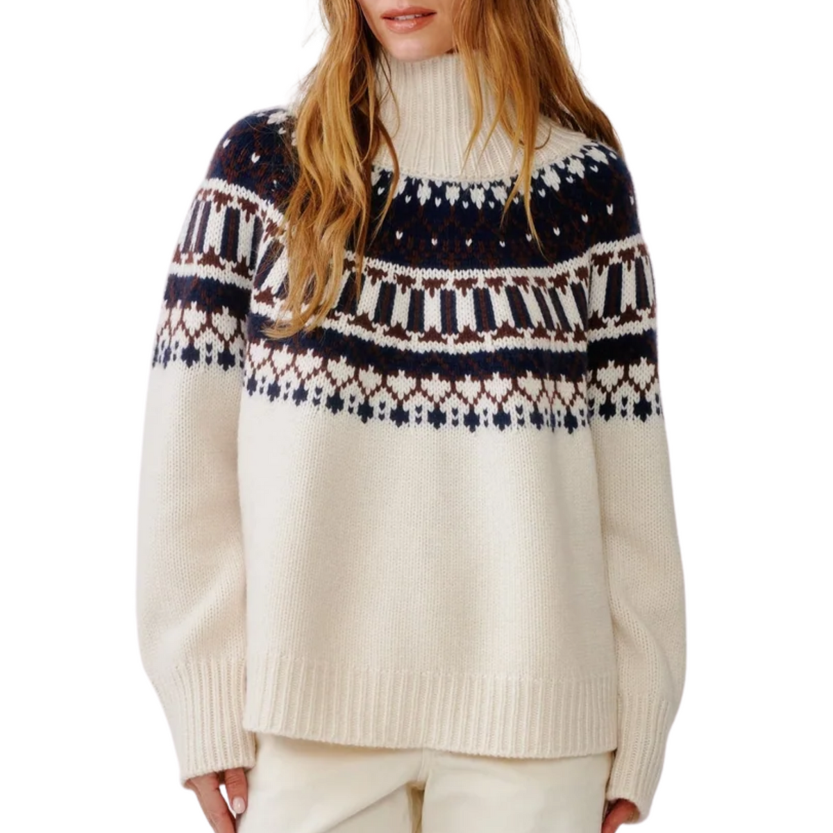 Scottie Slouchy Fair Isle Cashmere Mock Neck in Gardenia Fair Isle