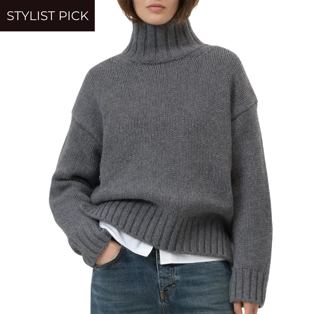 Pure Wool Roll Neck Pullover in Dark Grey Melange