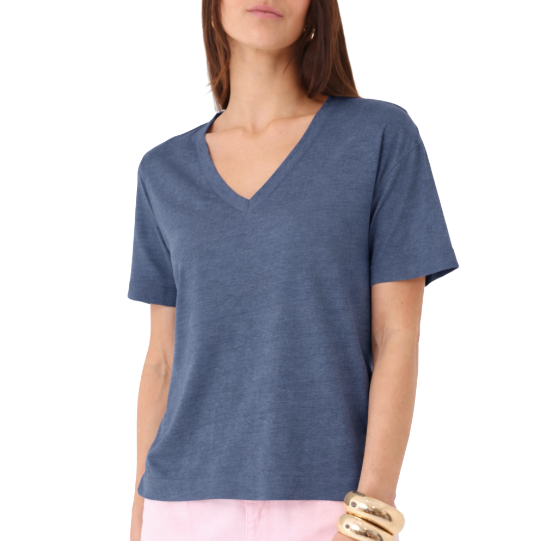 Stretch Linen Short Sleeve Semi Relaxed V-Neck in Bleu de Nimes