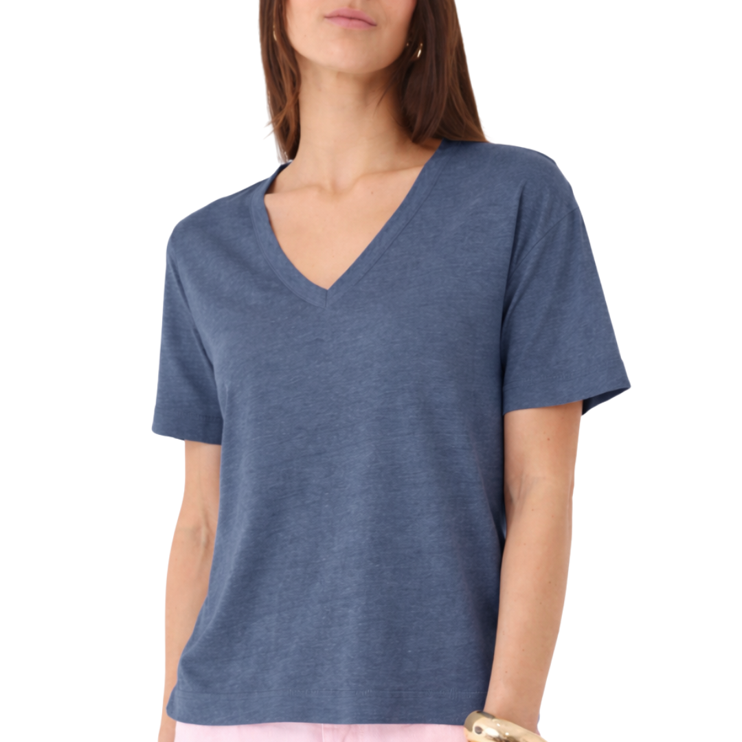 Stretch Linen Short Sleeve Semi Relaxed V-Neck in Bleu de Nimes