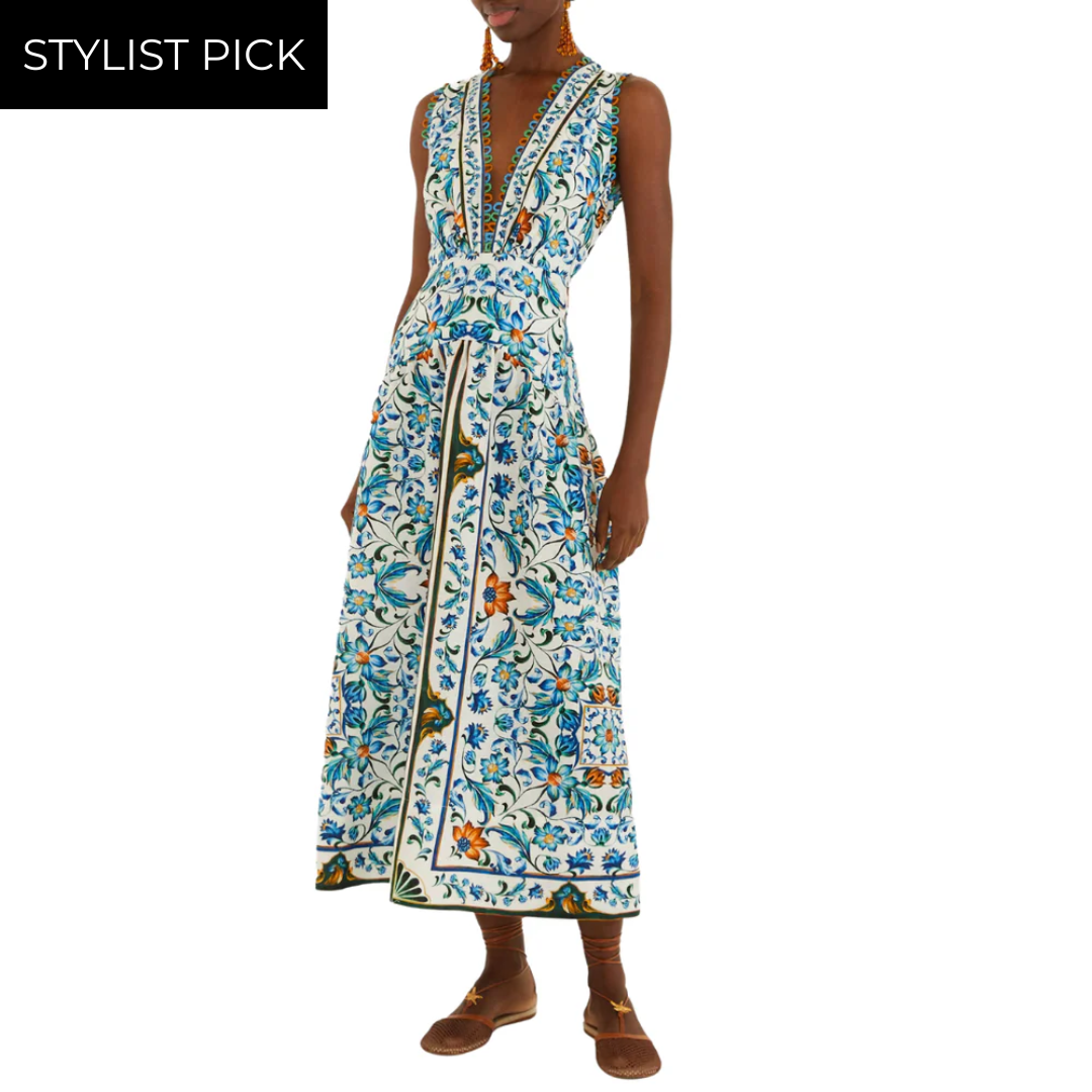 Flora Tile Scallop Linen Midi Dress in Off-White