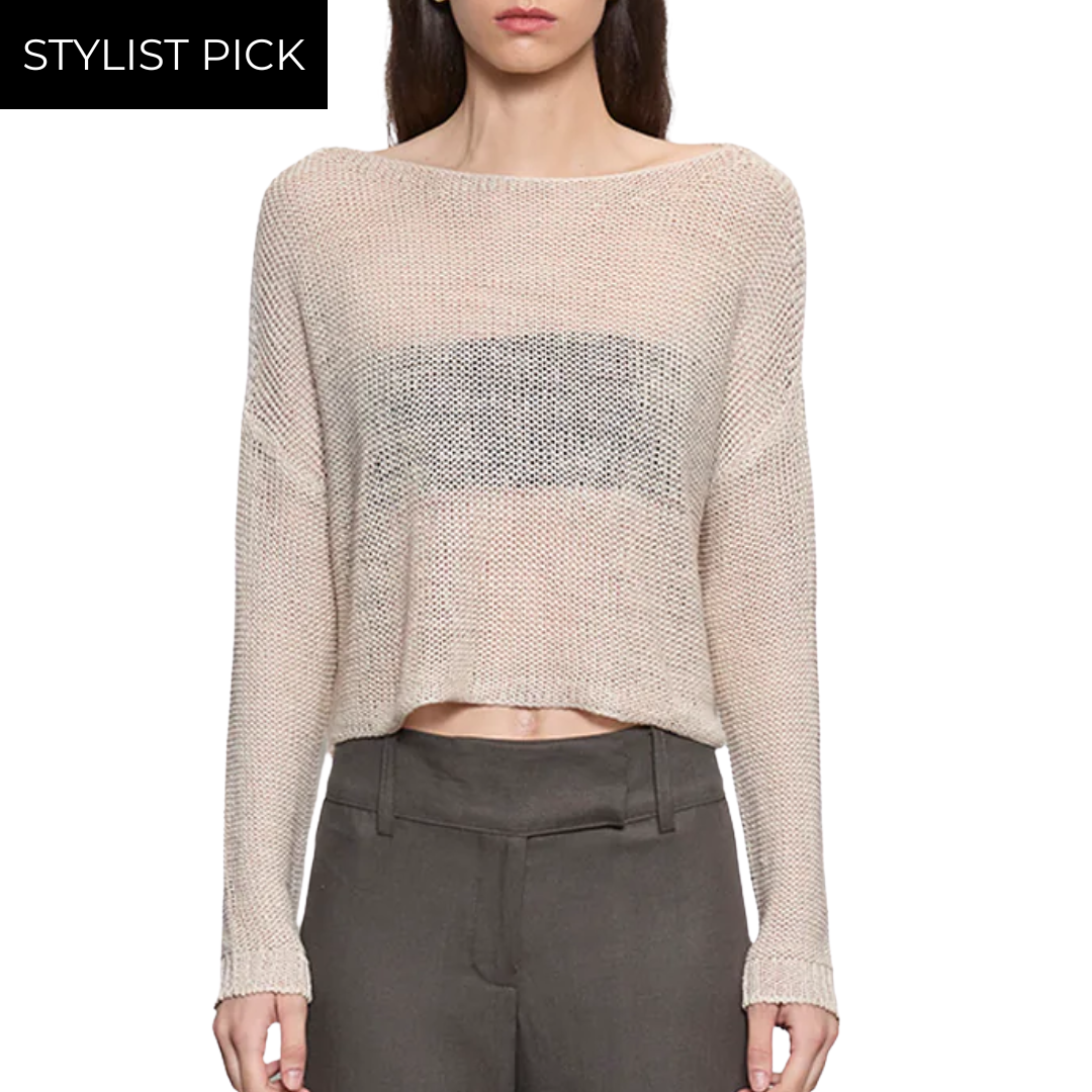 Linen Open Knit Bateau Sweater in Pearl Grey