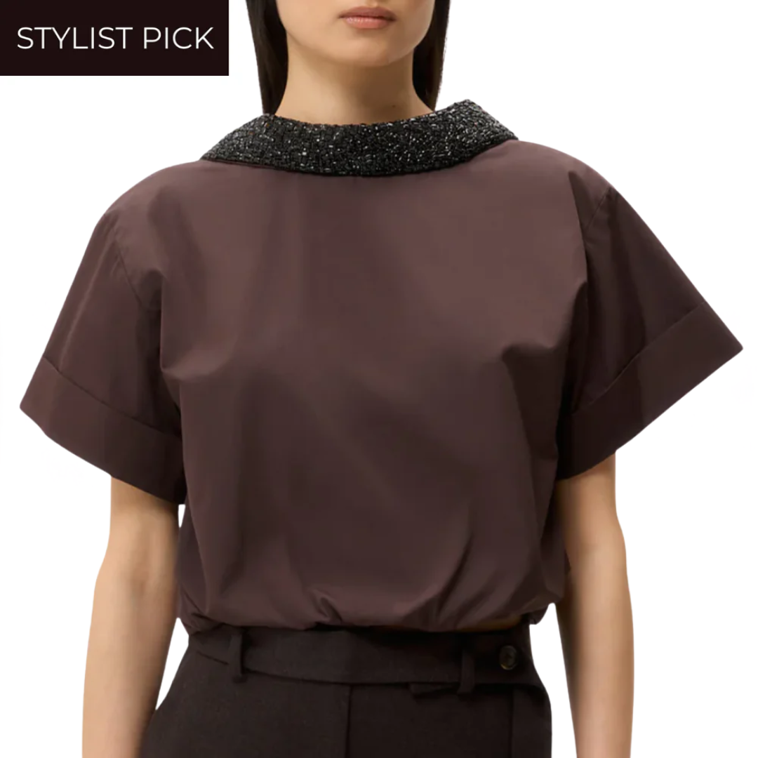 Forever & Always Reversible Shirt with Crystal Collar in Chocolate