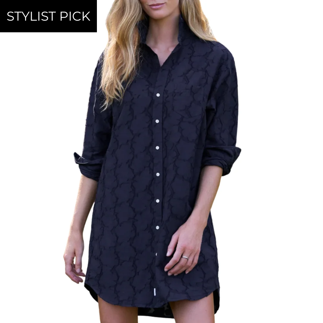 Mary Classic Shirtdress in Textured Black Flowers