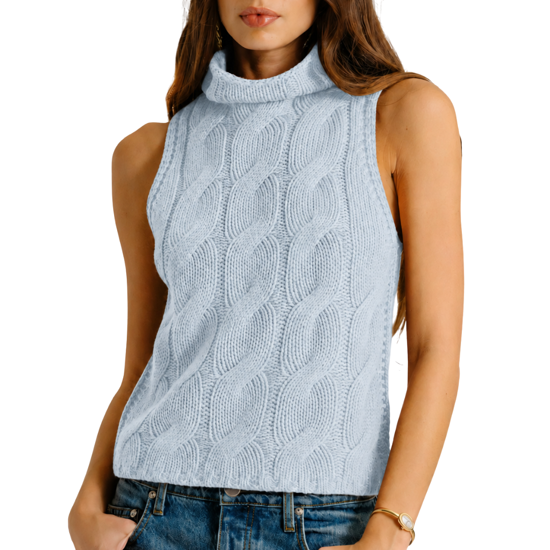 Salvia Sleeveless Cashmere Cable Turtleneck in Whisper