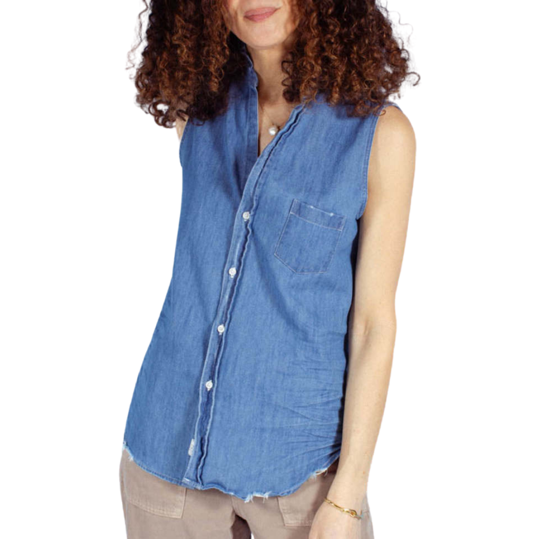 Sleeveless Ruffle Collar Button Up in Vintage Stonewashed Indigo