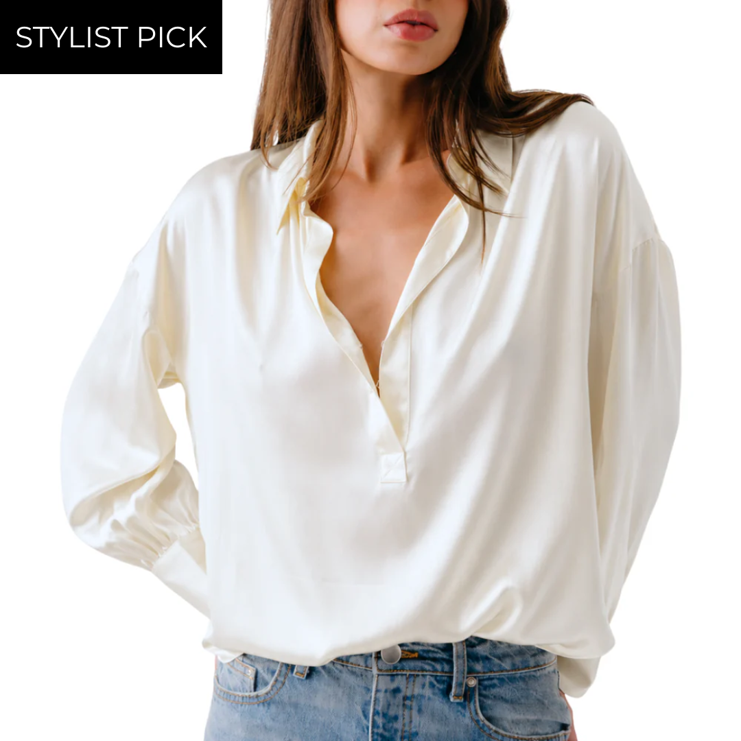 Chantal Relaxed Silk Popover w/ Shirring in Gardenia