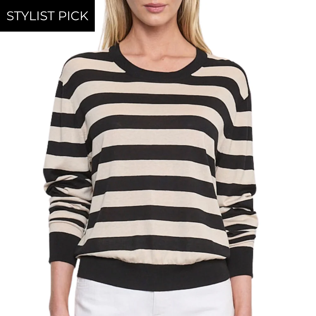 Stripe Silk Knit Crew in Black/Wheat