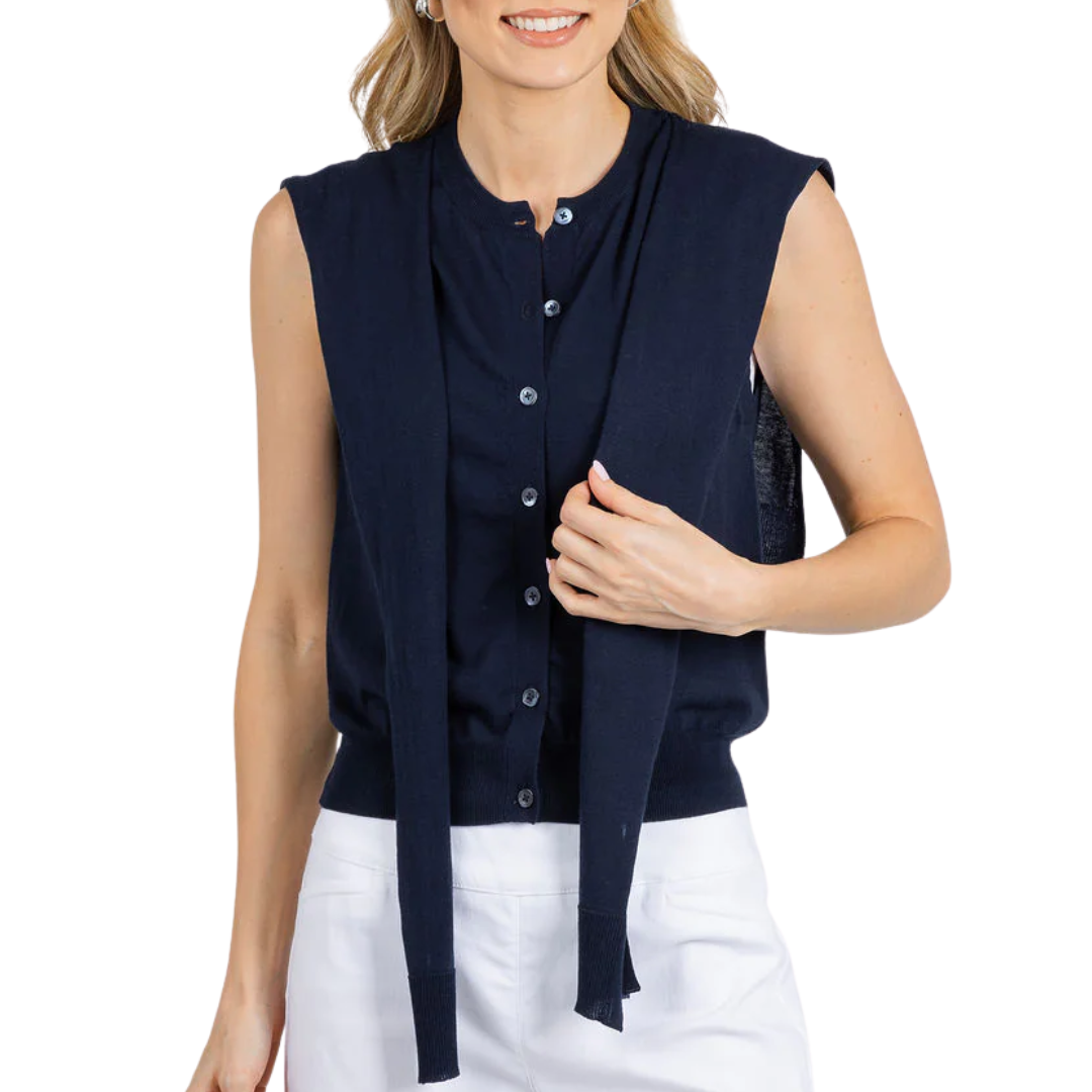 Sleeveless Button Front Vest W/ Tie Sleeves in Navy