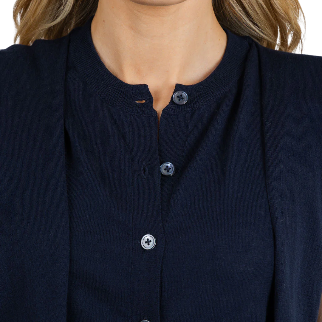 Sleeveless Button Front Vest W/ Tie Sleeves in Navy