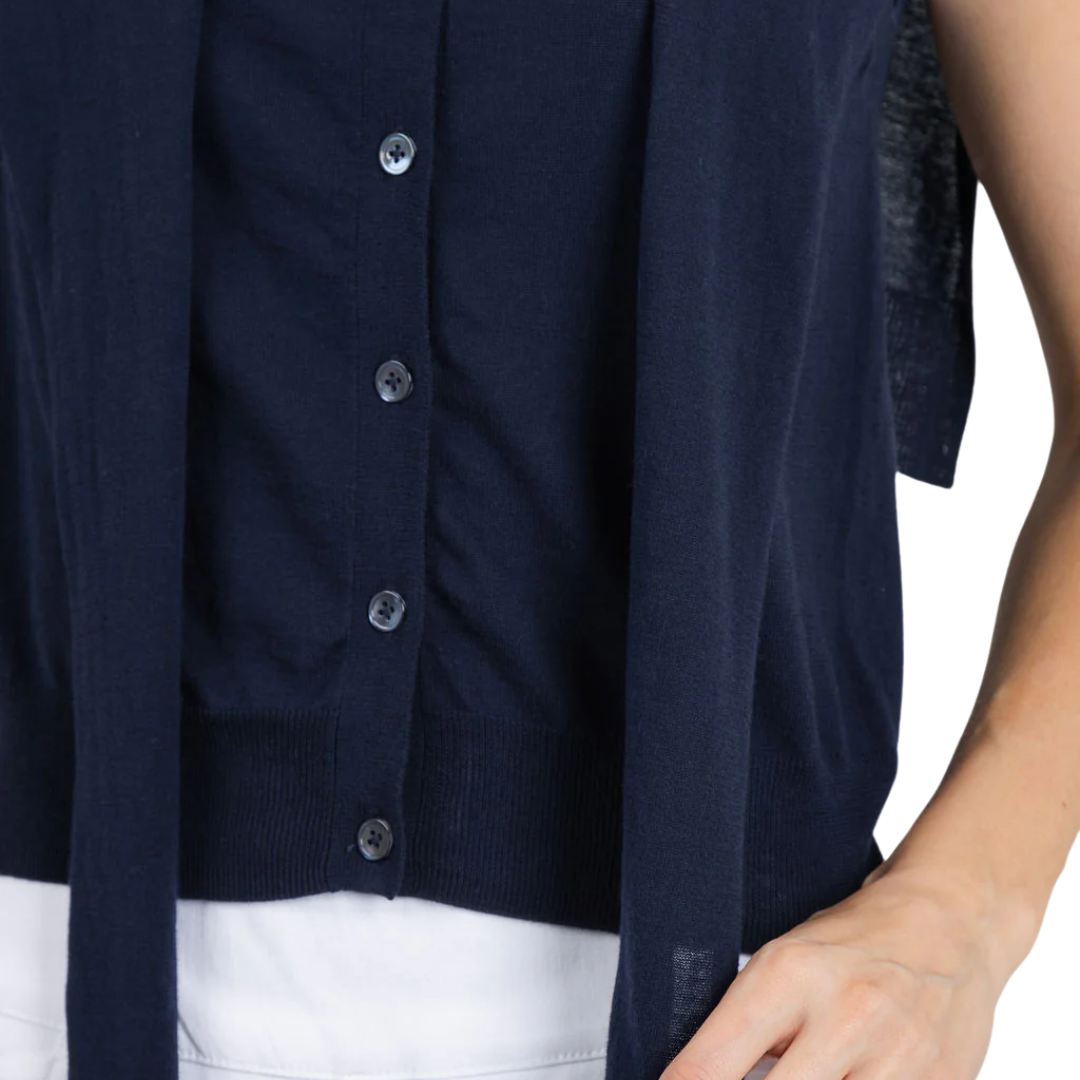 Sleeveless Button Front Vest W/ Tie Sleeves in Navy