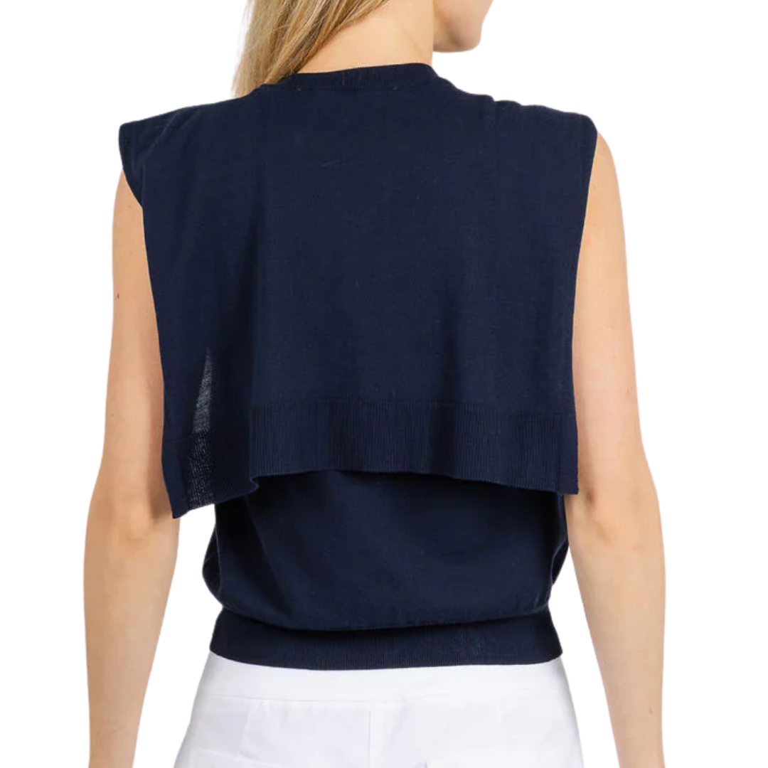 Sleeveless Button Front Vest W/ Tie Sleeves in Navy