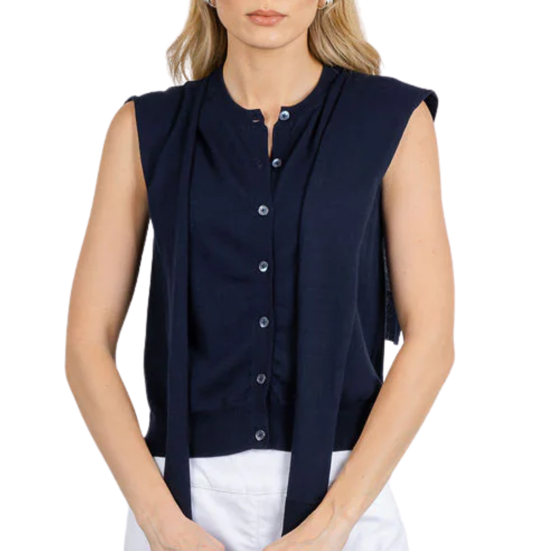 Sleeveless Button Front Vest W/ Tie Sleeves in Navy
