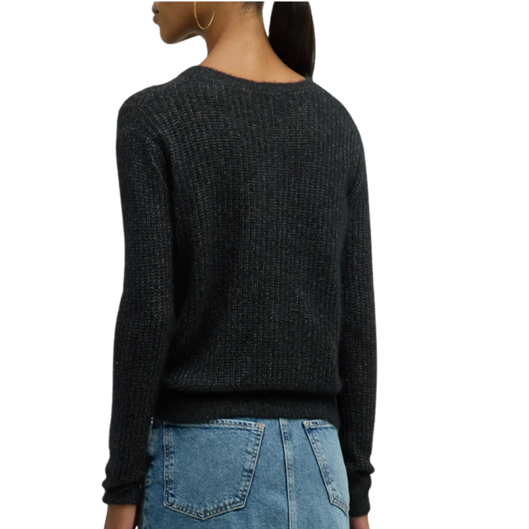 Shaker Cable Crew w/ Sheer Yoke in Black