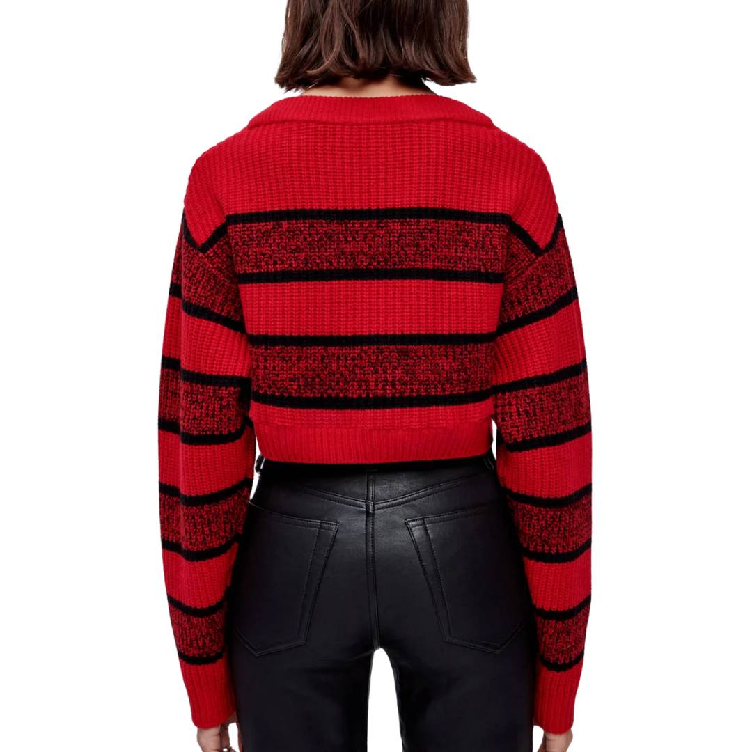 Cropped Boatneck Pullover in Red Black Rugby