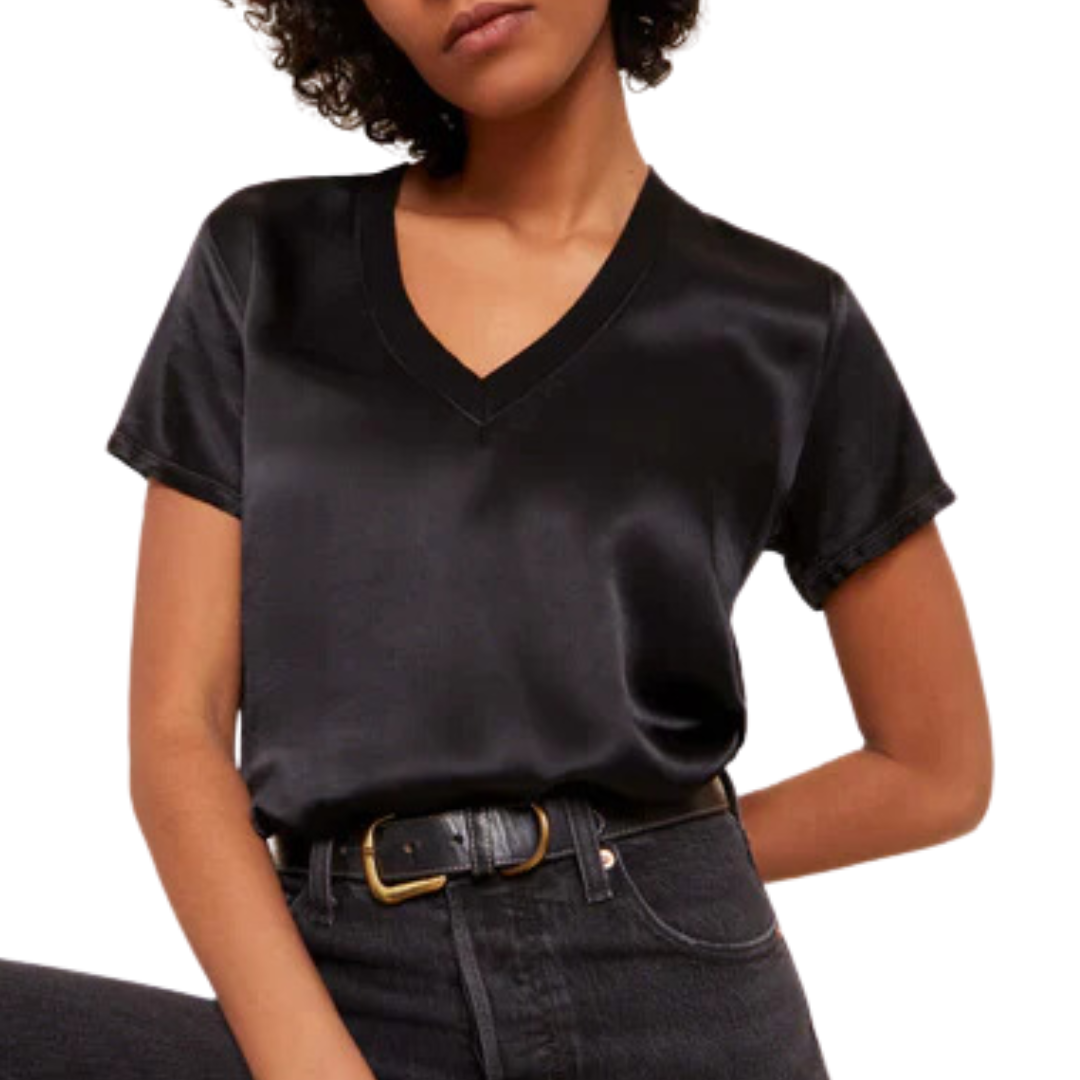 June Satin June V Neck Top in Black