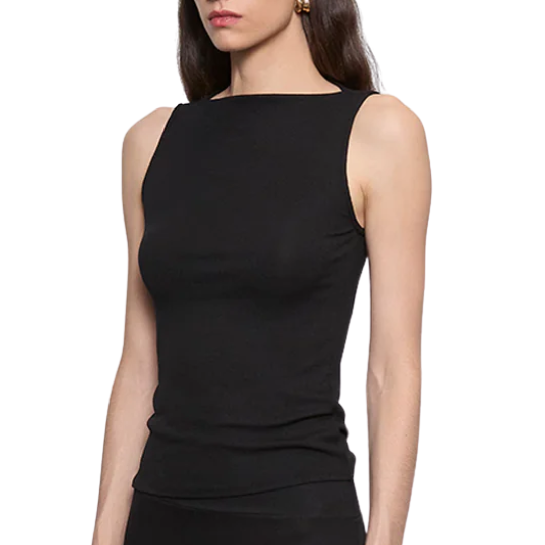 Silk Rib Sleeveless Boatneck in Black